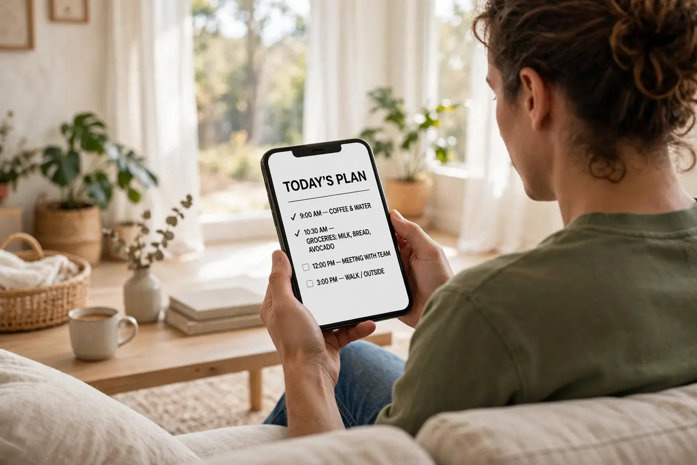 Person using smartphone with accessible large text in living room