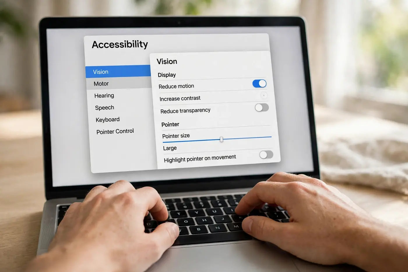 Hands on laptop showing accessibility settings in daylight