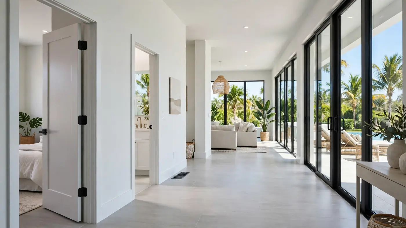 Bright accessible Florida home interior with wide hallway