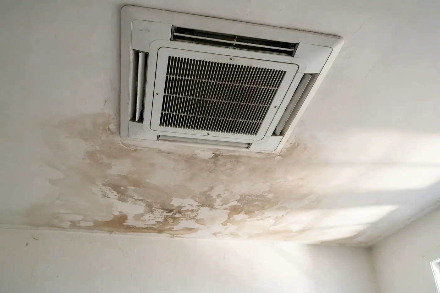 Wet ceiling stain below attic AC unit