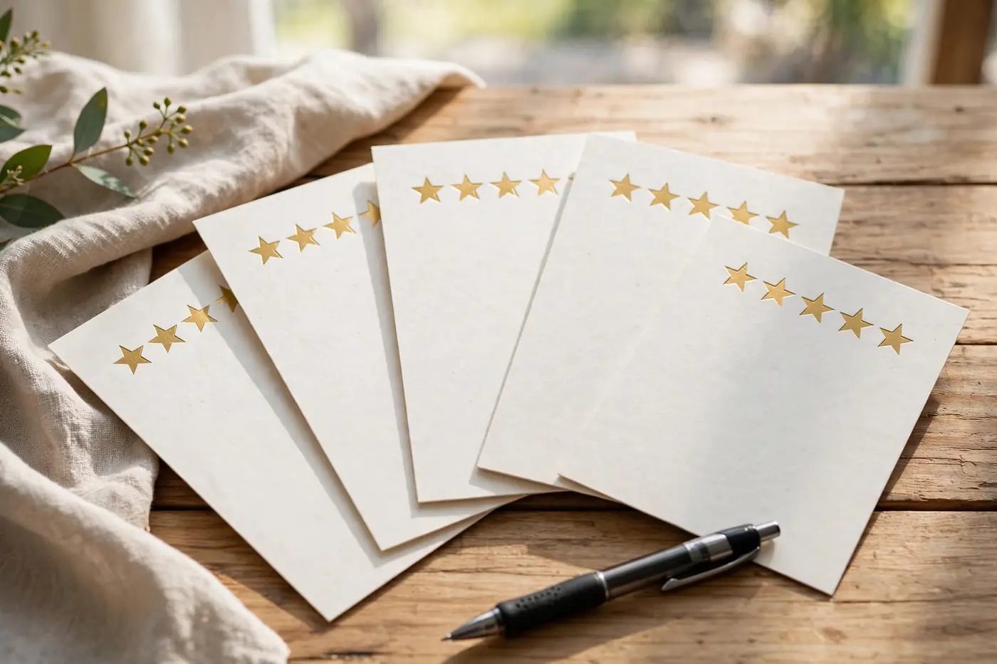 Five-star review cards fanned on table