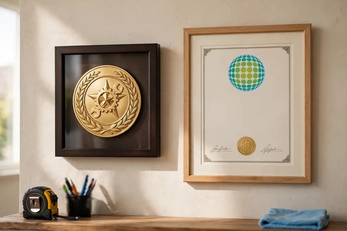 Technician certification badge on wall
