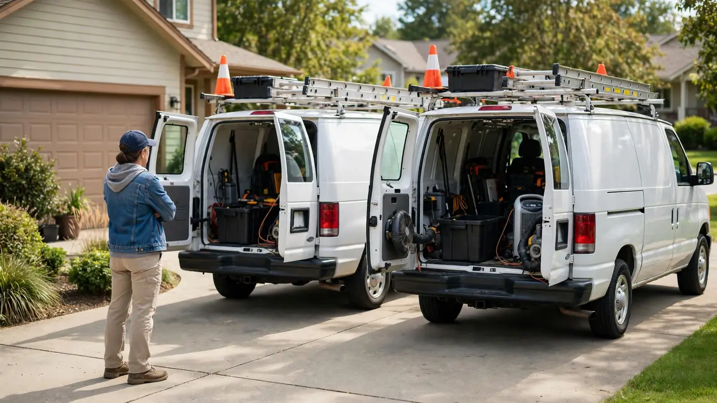 Homeowner comparing restoration company vans in driveway