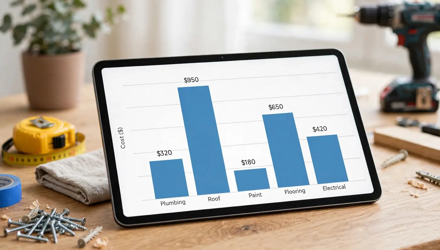 Bar chart of home repair costs on tablet