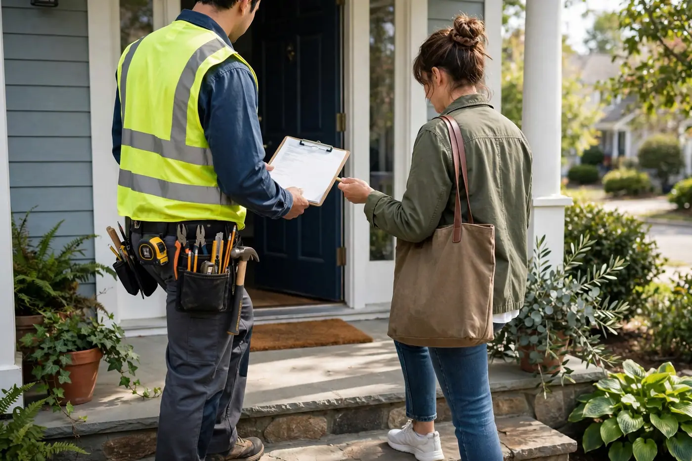 Contractor giving written estimate at door