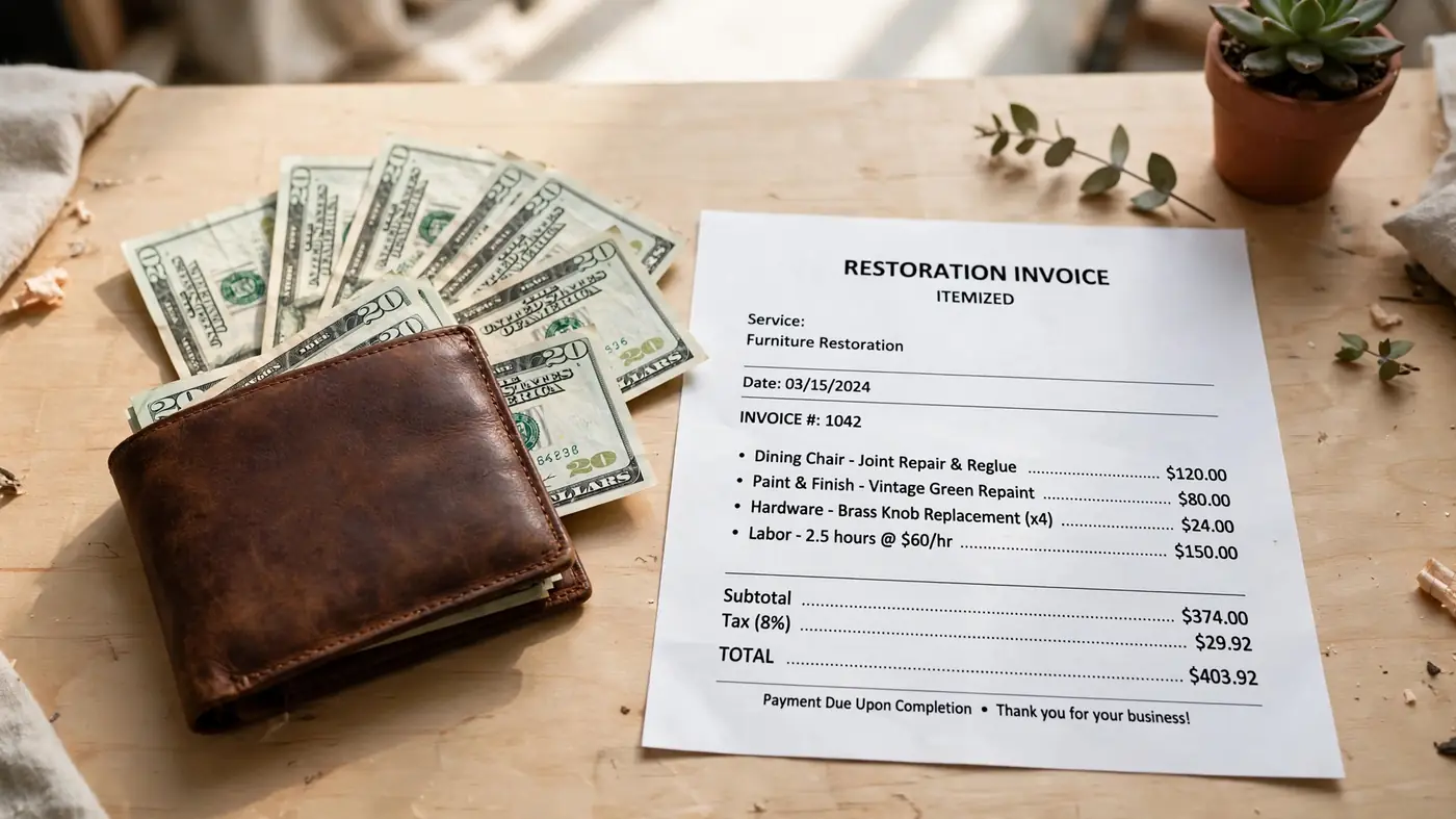 Wallet with cash beside restoration invoice