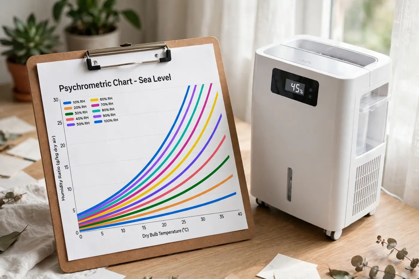 Chart on clipboard beside dehumidifier