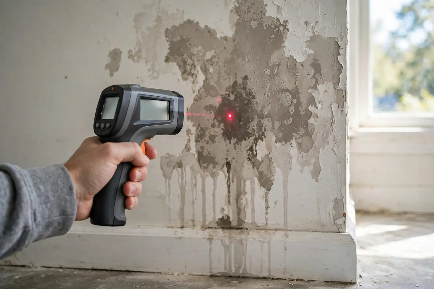Infrared thermometer aimed at damp drywall