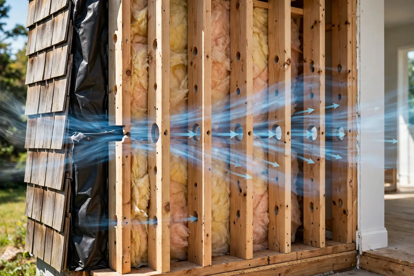 Wall cross-section showing airflow through studs