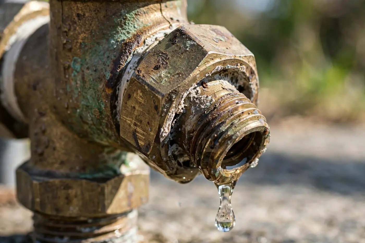 Corroded relief valve dripping close-up