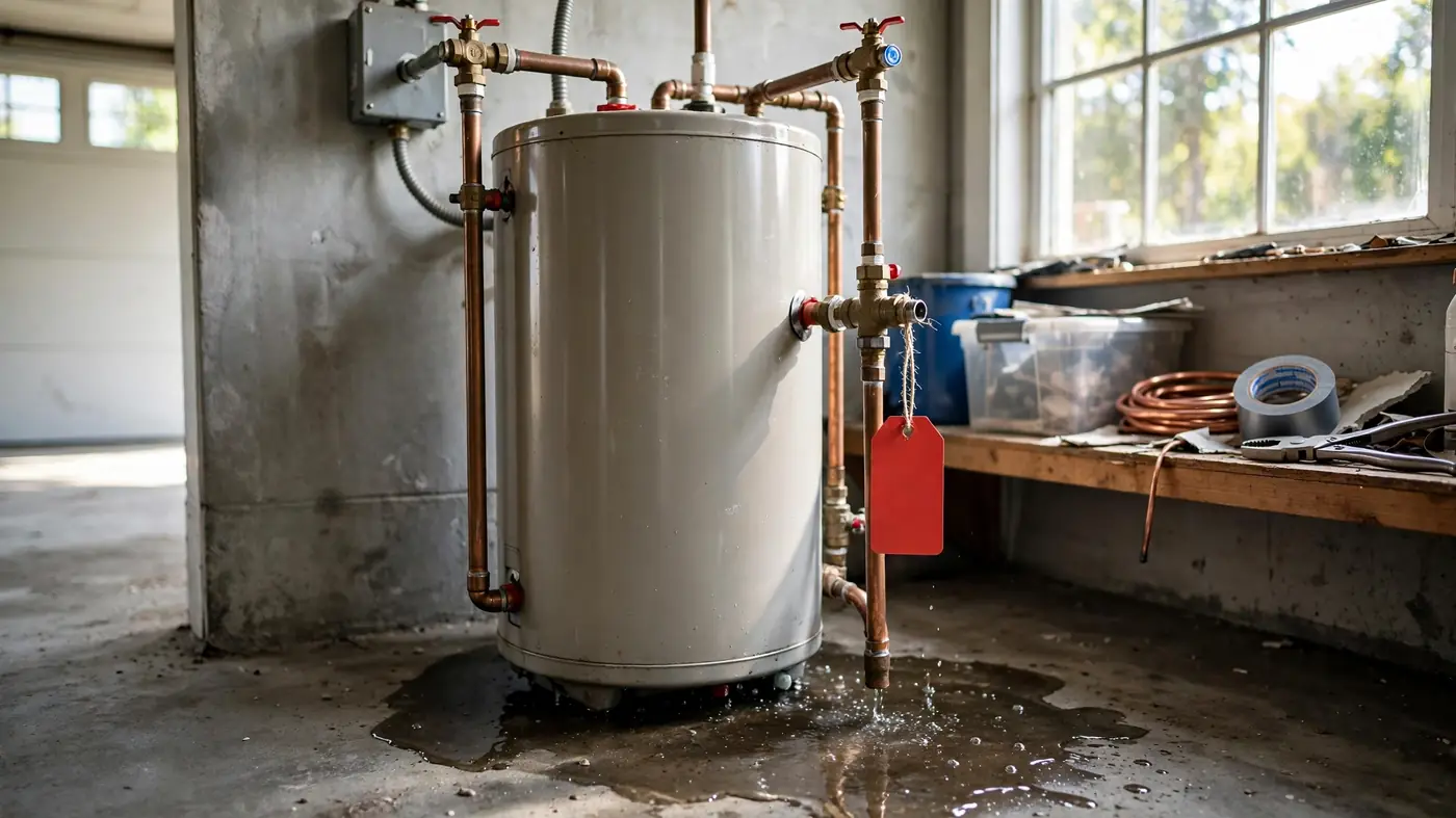 Water heater with warning tag and puddle beneath