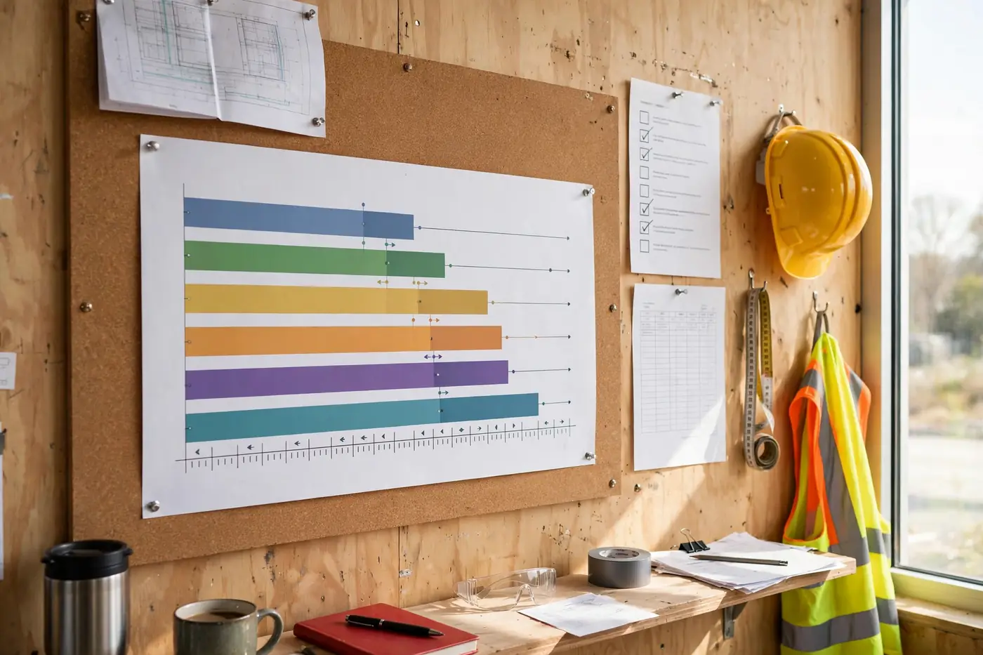 Project timeline chart on site office wall