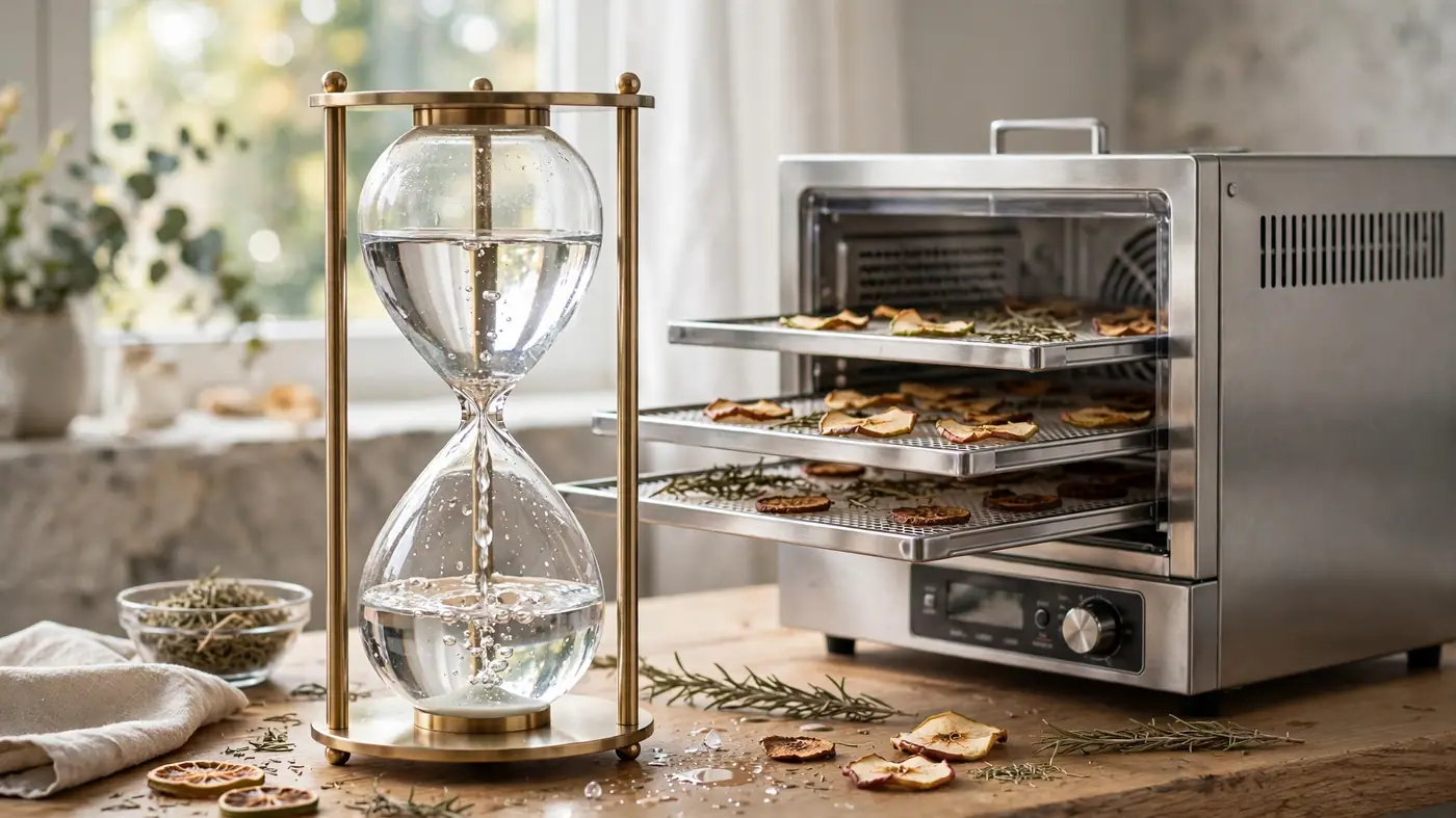 Hourglass with water beside drying equipment