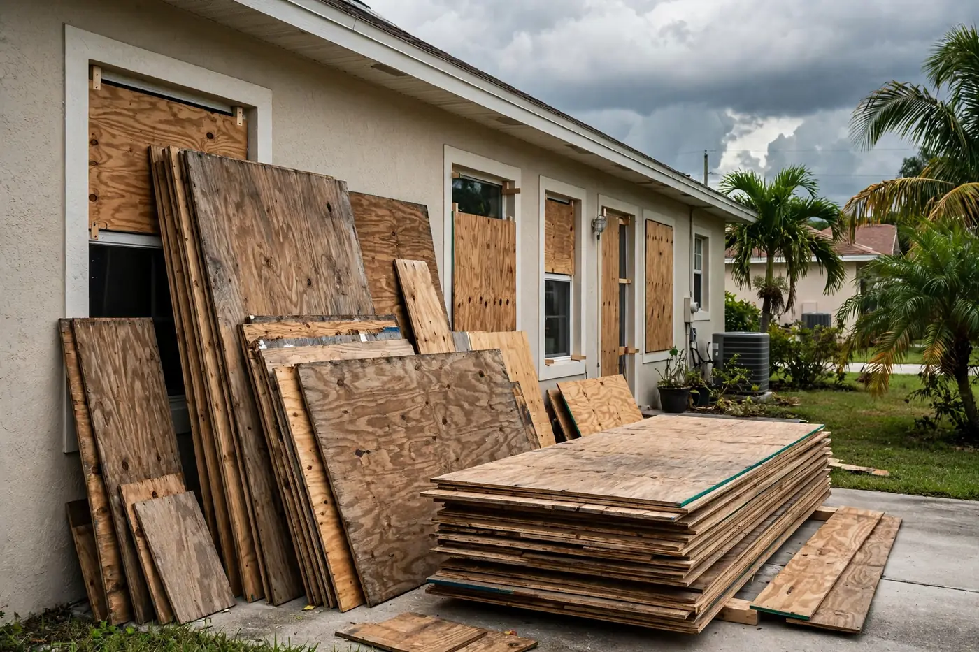 Plywood boards stacked against windows before storm