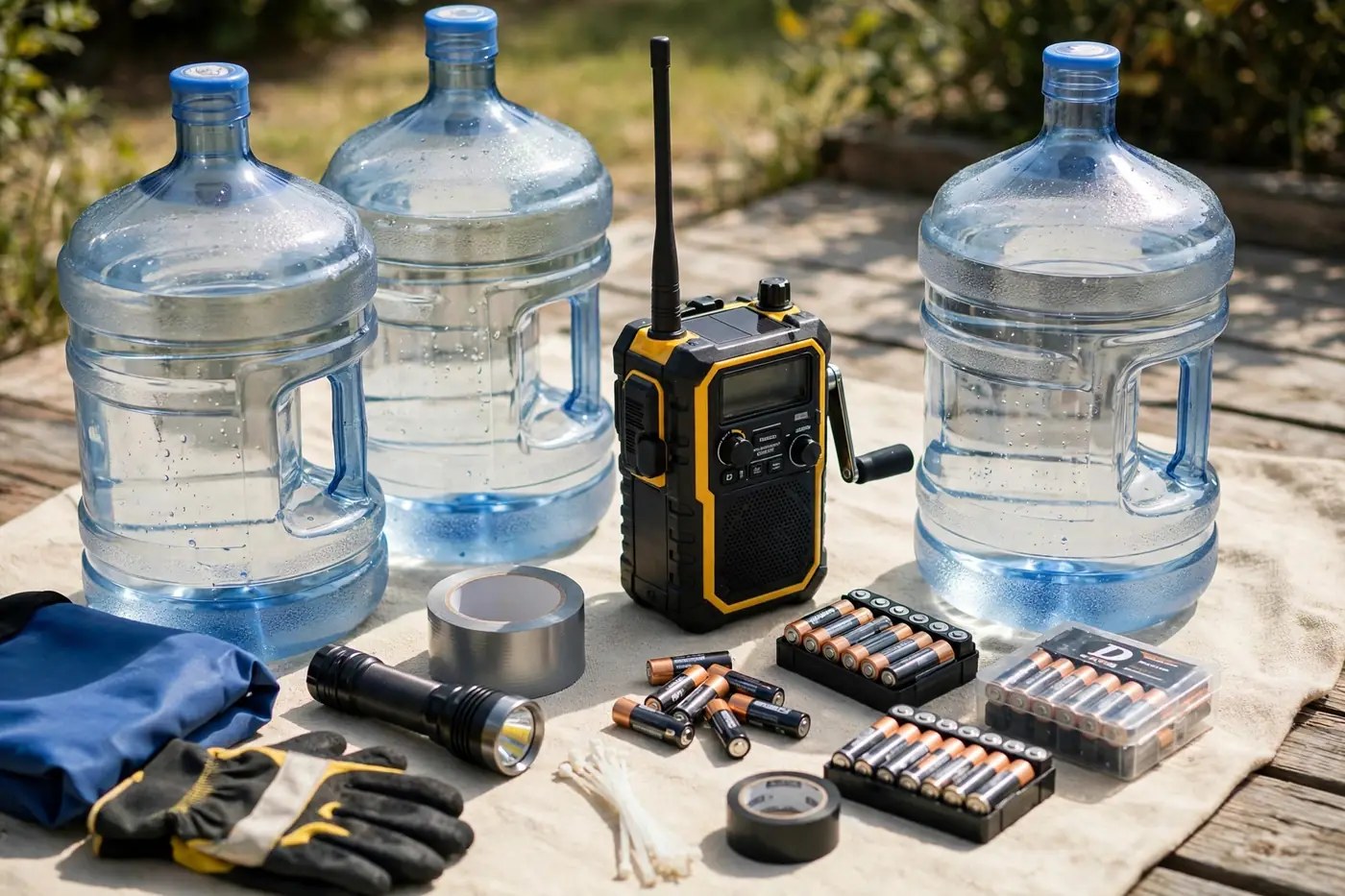 Hurricane supply kit with water jugs and radio