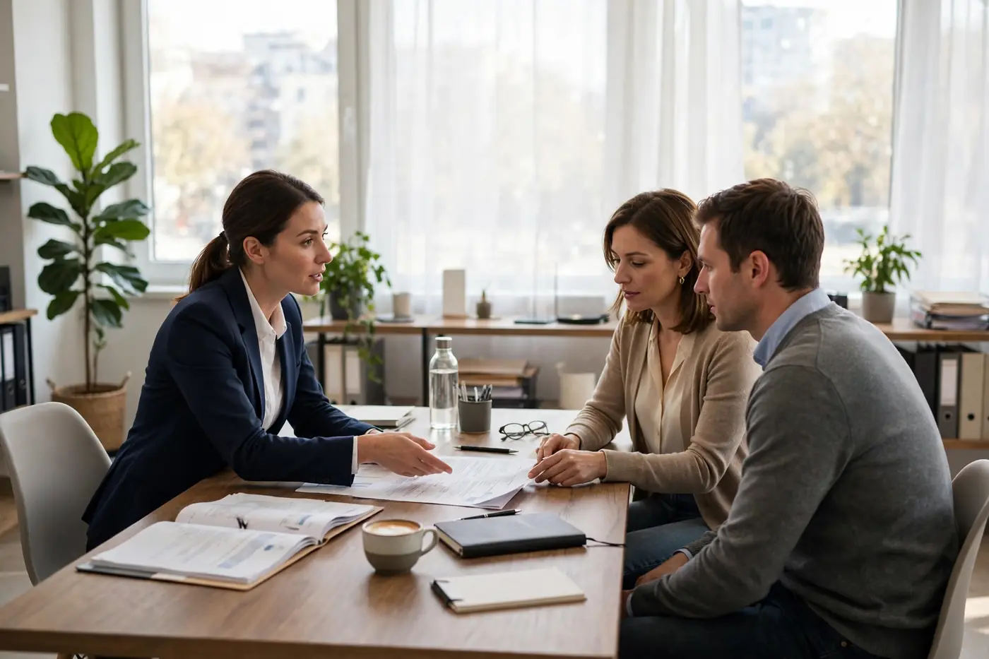 Insurance agent explaining policy to couple