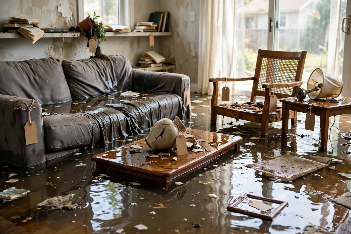 Flooded living room with price tags on damaged items