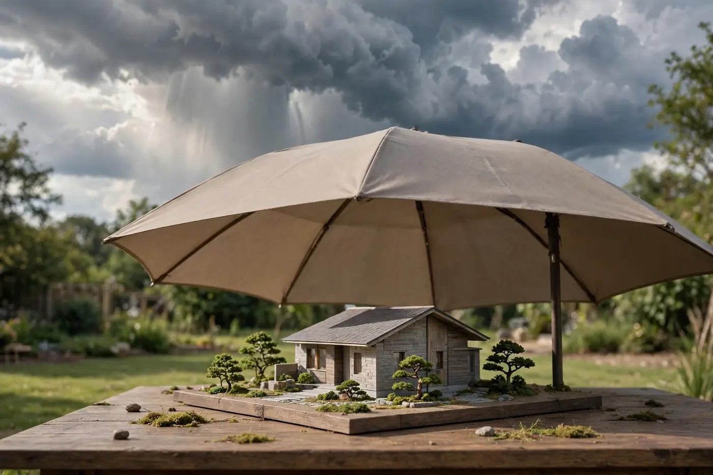 House model under umbrella with rain clouds