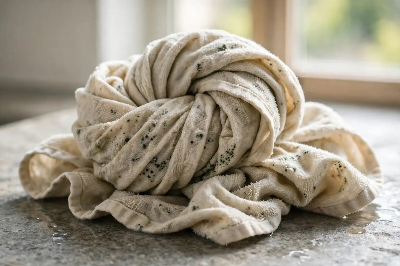 Damp bunched towel with early mold spots