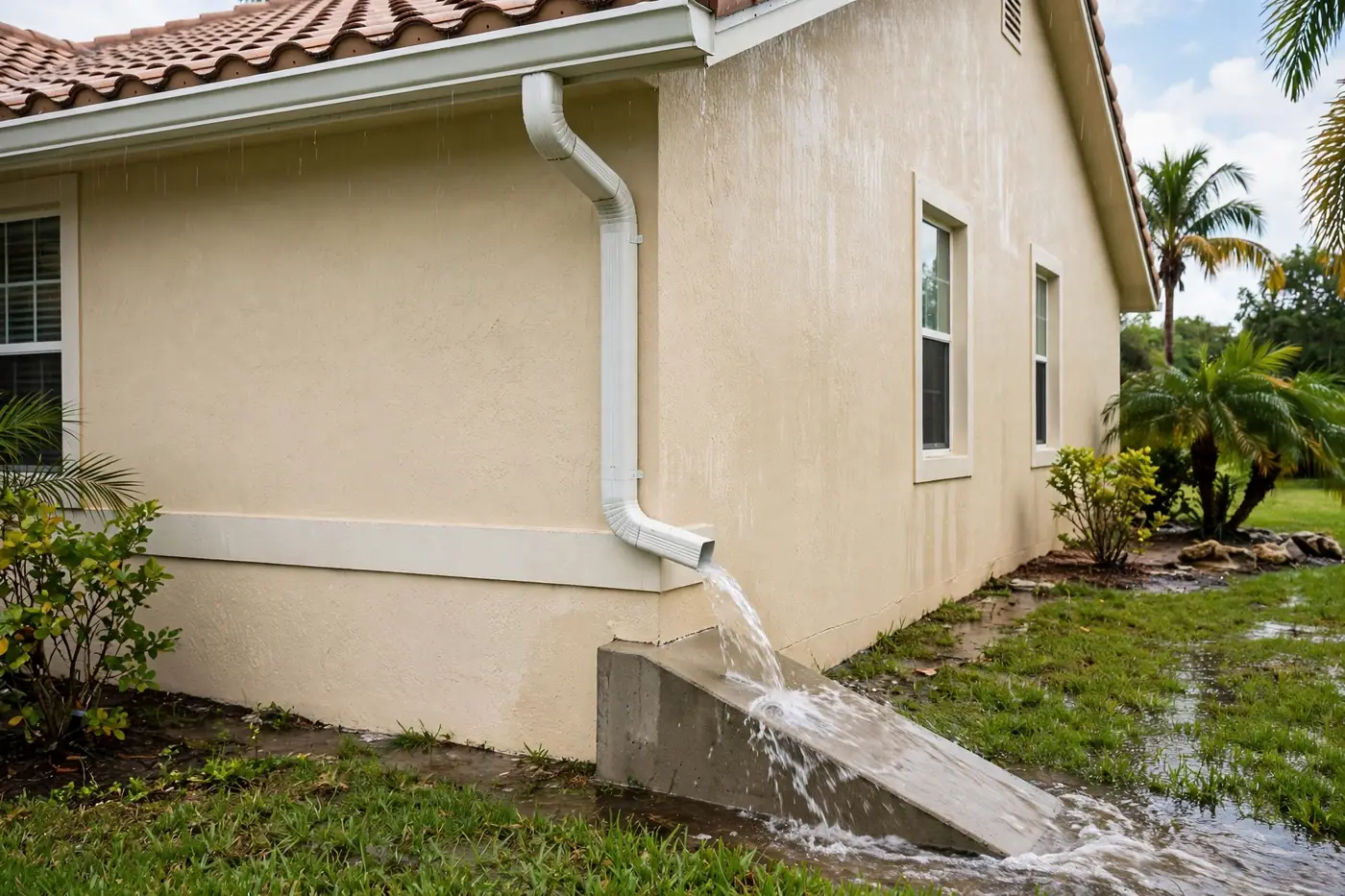 Gutter downspout directing rainwater from foundation