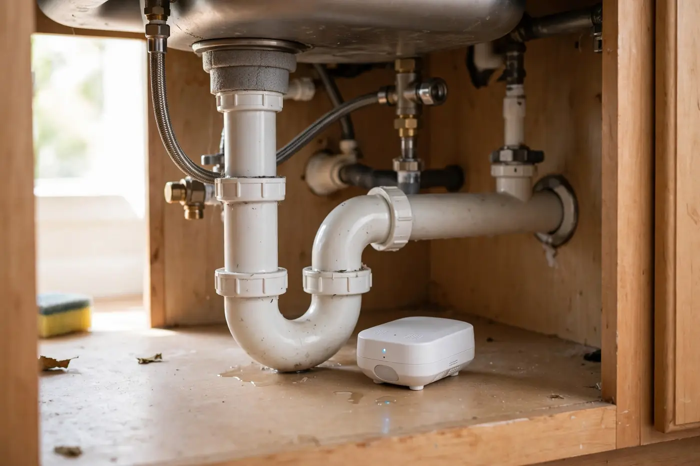 Smart water leak sensor beside pipe under sink