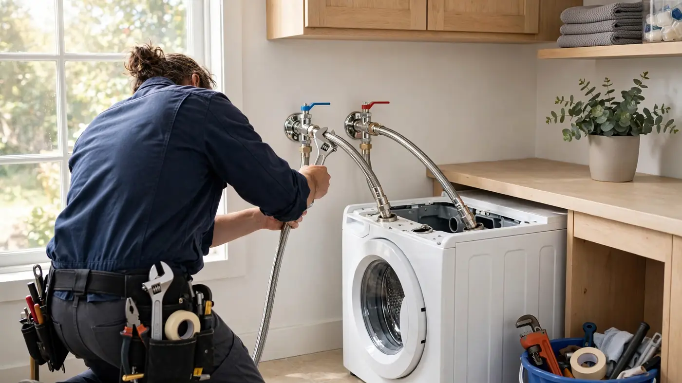 Stainless braided washing machine hoses being installed