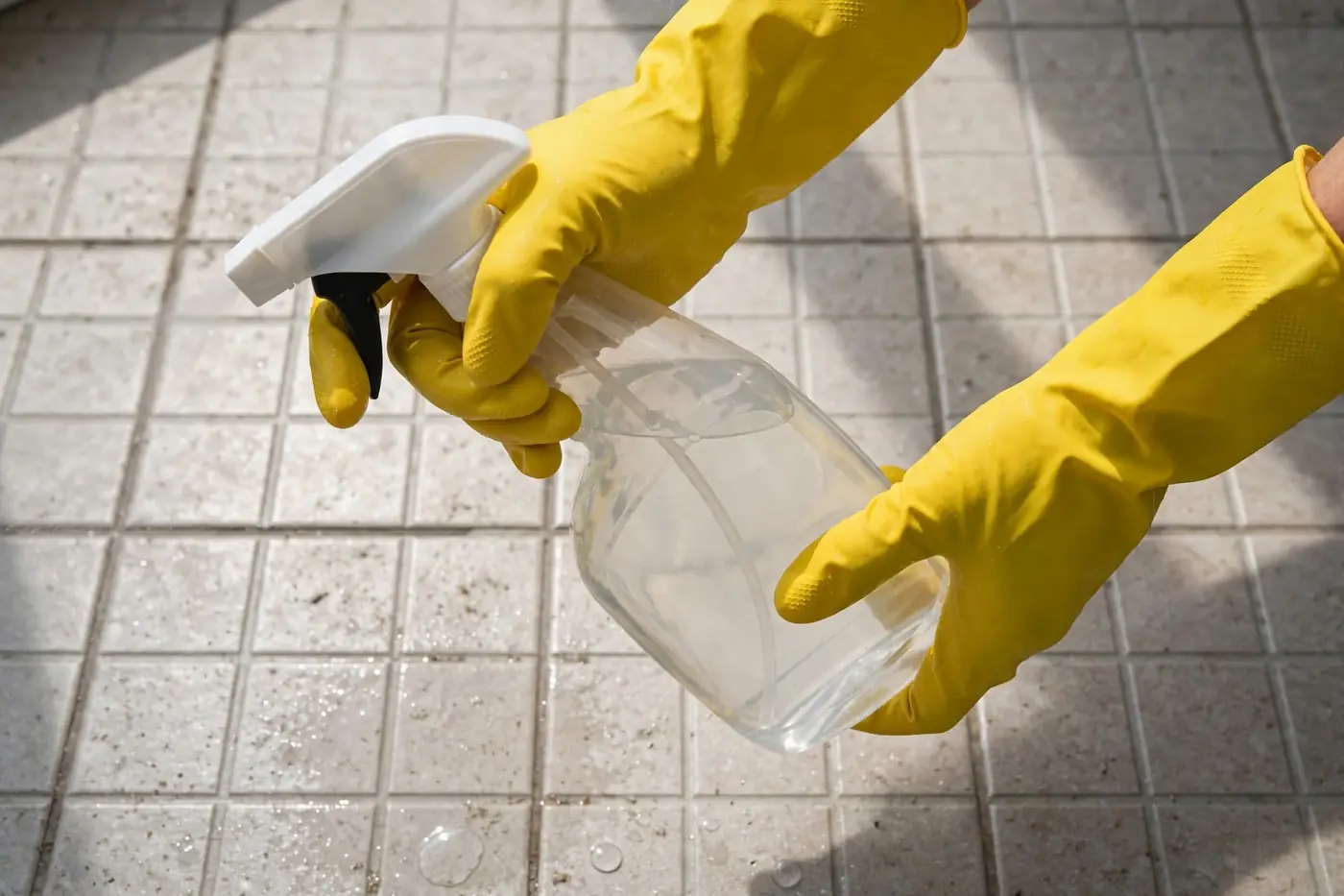 Gloved hands holding disinfectant over tiled floor