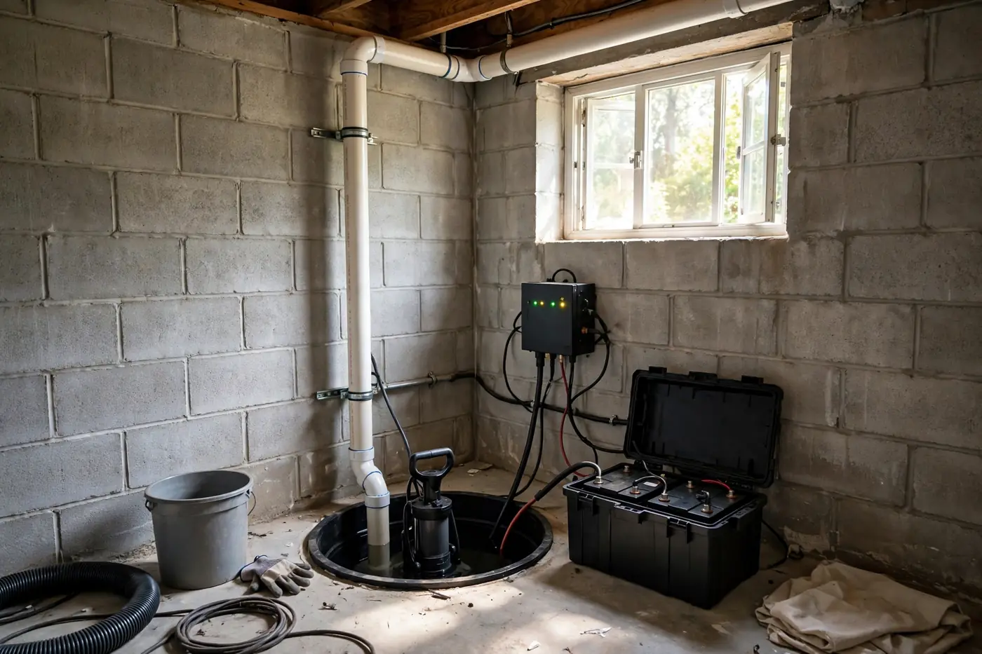Sump pump with battery backup in basement