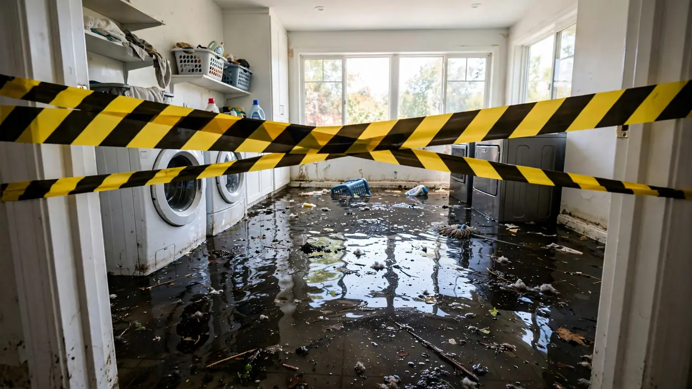 Hazard tape cordoning flooded laundry room