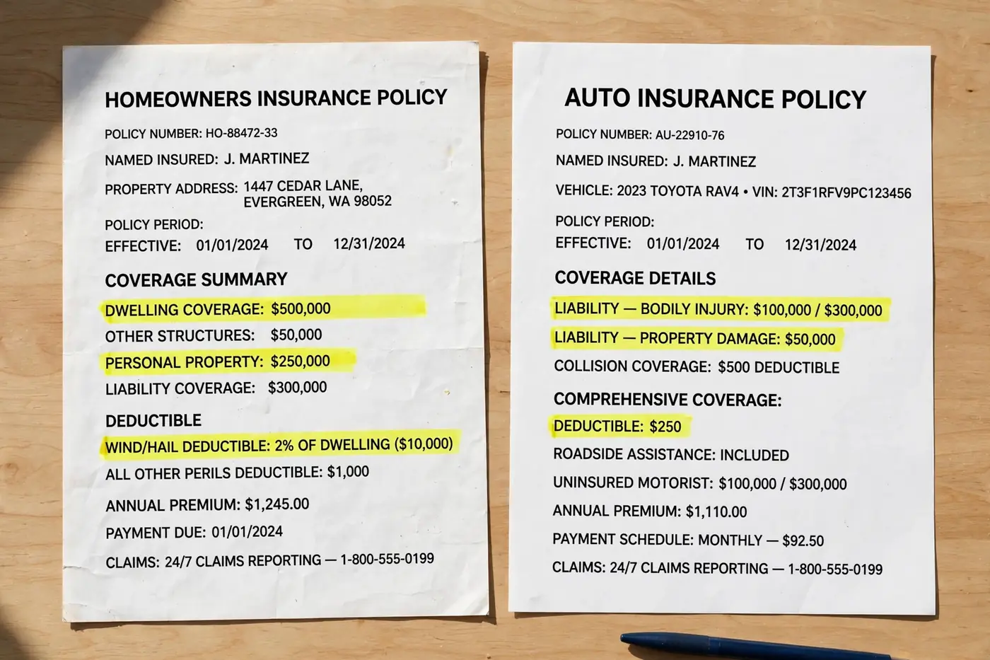 Two insurance documents with highlighted sections