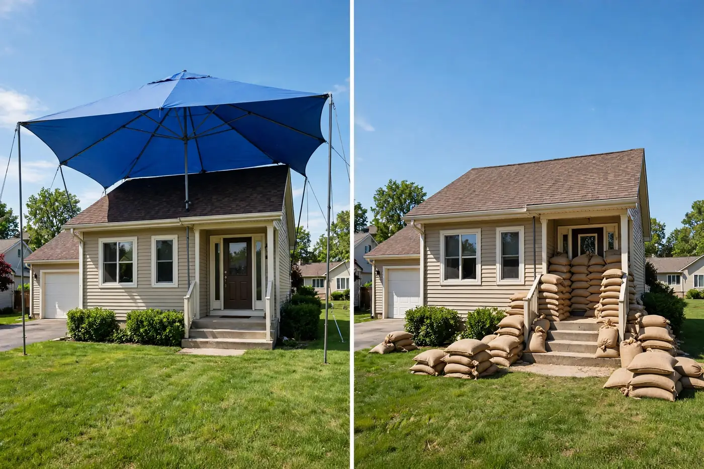 Umbrella over house versus sandbags comparison