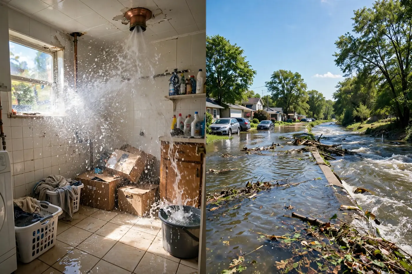 Split of burst pipe indoors and river flooding street
