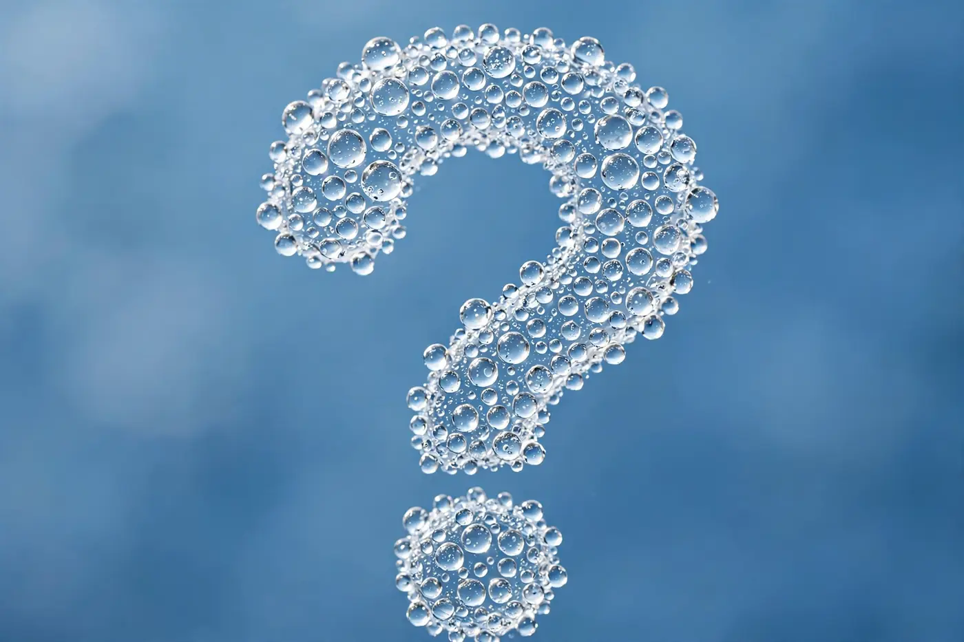 Water droplets forming a question mark on blue background