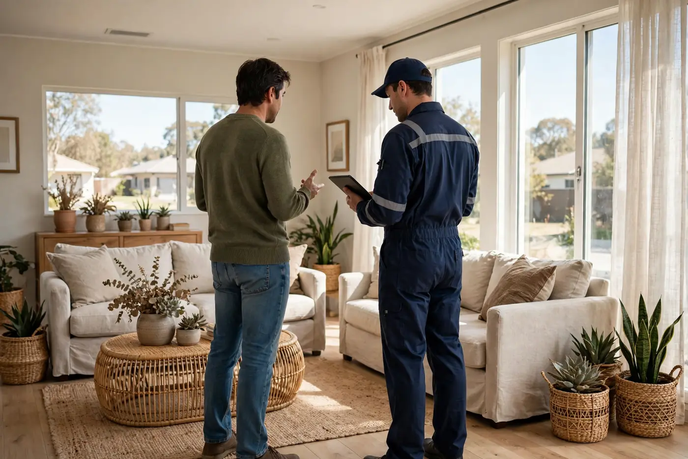 Homeowner discussing with technician holding tablet in living room
