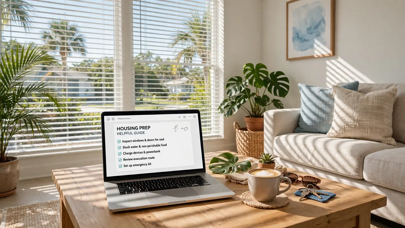 Open laptop with helpful guide in bright Florida living room