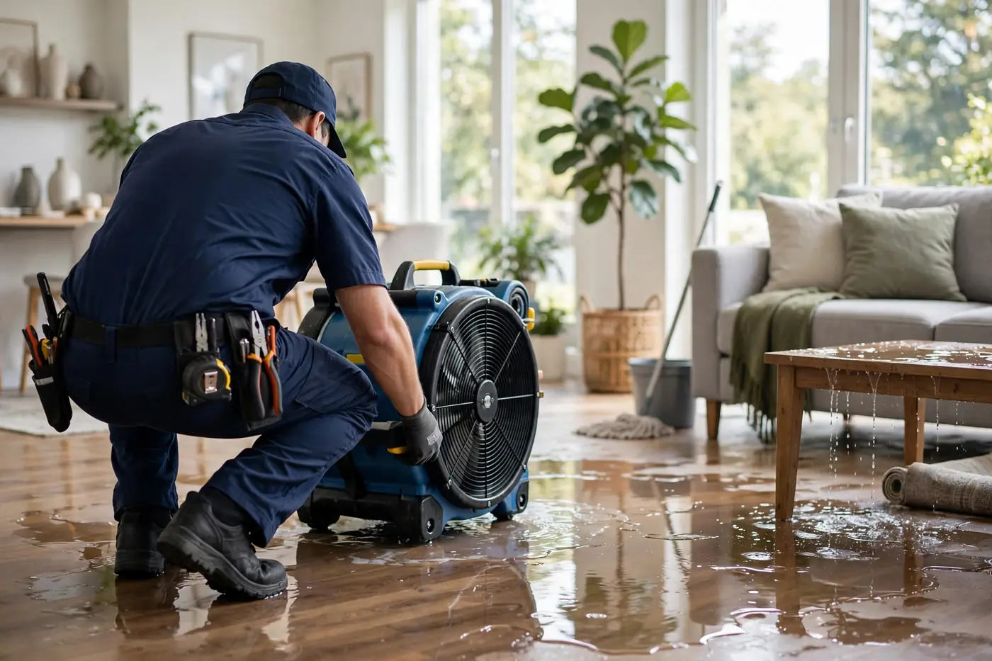 Restoration technician placing air mover fan in living room with wet flooring