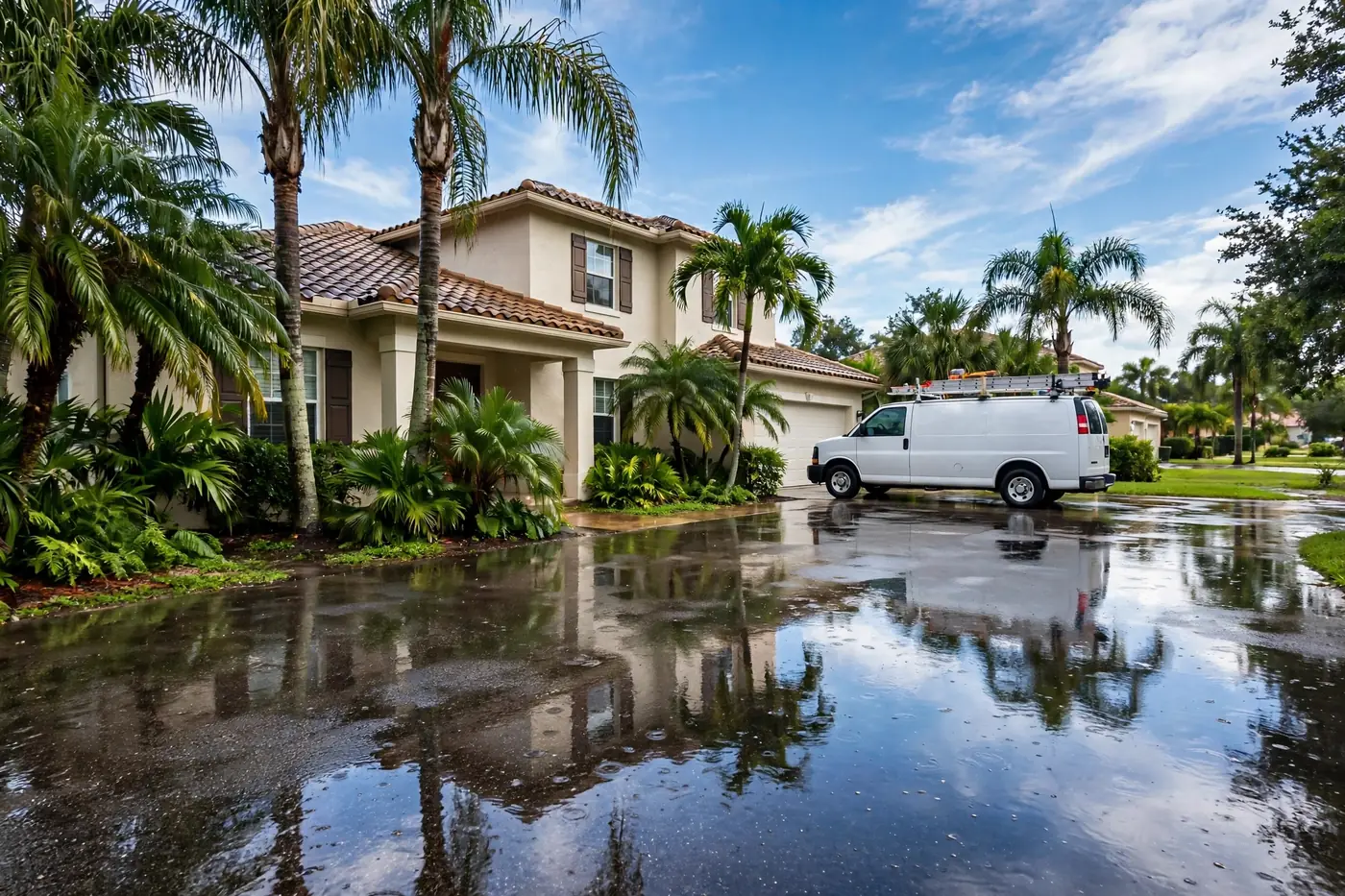 Florida home after heavy rain with restoration service van in driveway