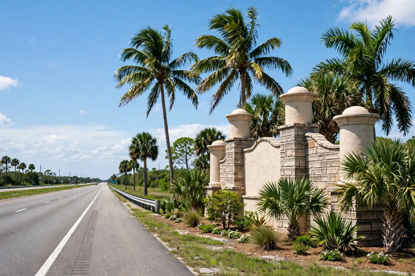 Florida welcome sign on highway with palm trees
