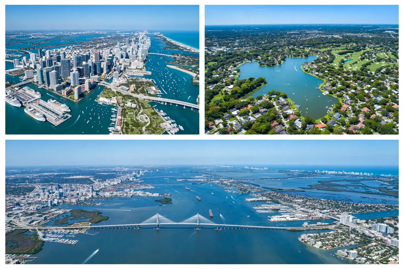Aerial views of Miami, Orlando and Tampa skylines