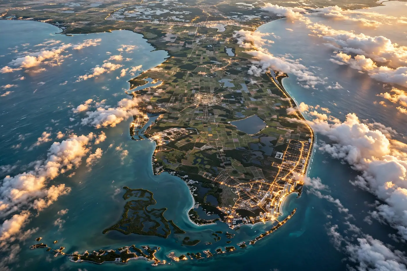 Aerial panorama of Florida peninsula at golden hour