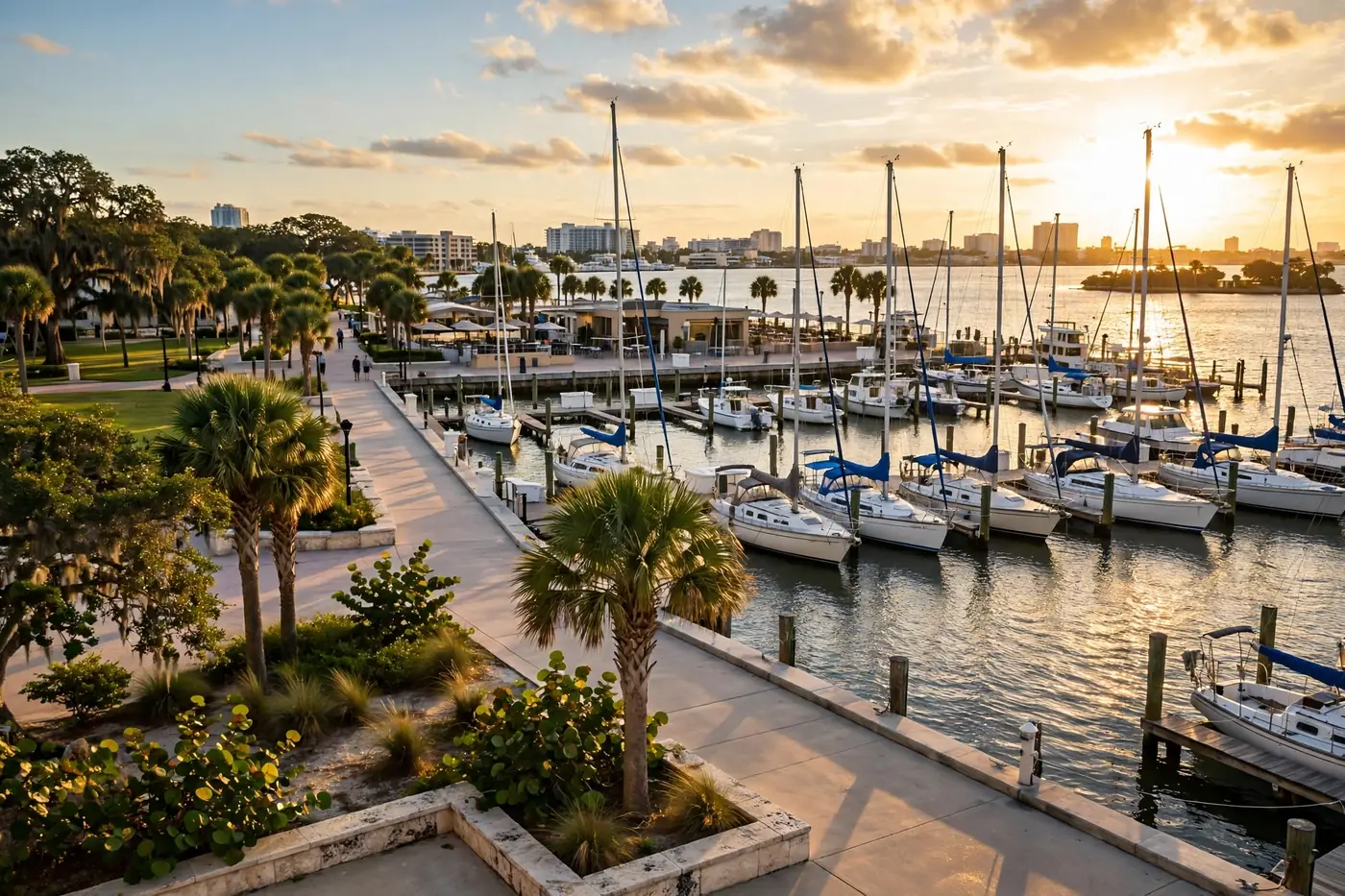 Sarasota bayfront marina with sailboats at golden hour