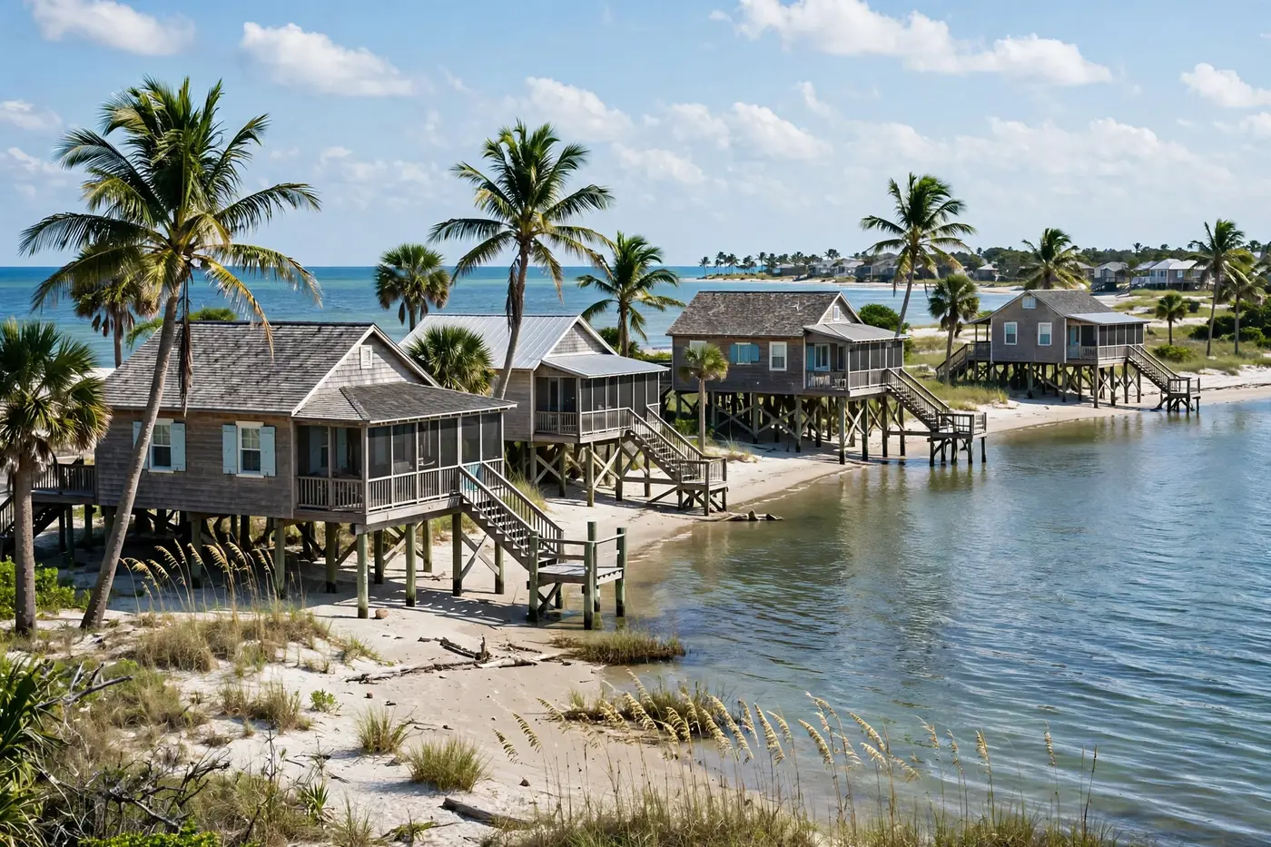 Gulf coast stilt beach houses with palm trees