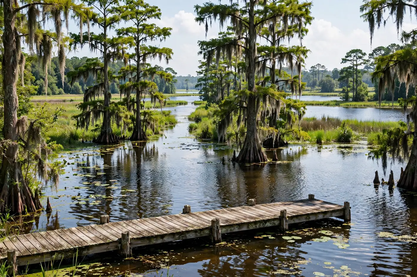 Inland Florida chain of lakes with cypress trees and dock