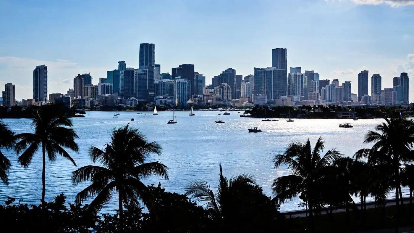 Water damage restoration in Pinecrest, FL: the Miami skyline over the bay with palm trees and sailboats