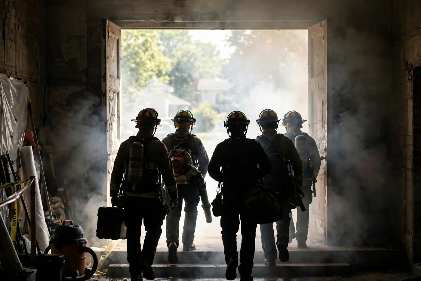 Restoration crew entering doorway with equipment