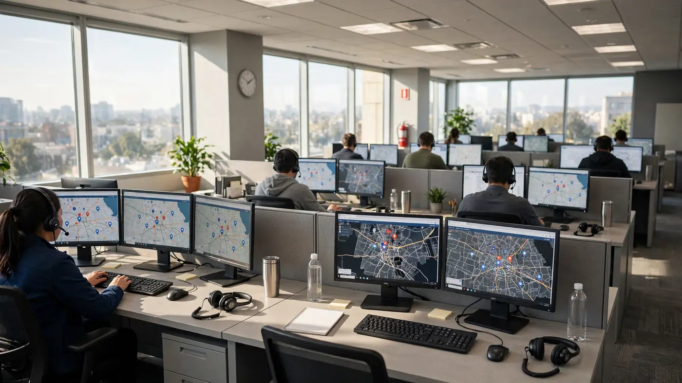 Emergency call center with headsets and monitors