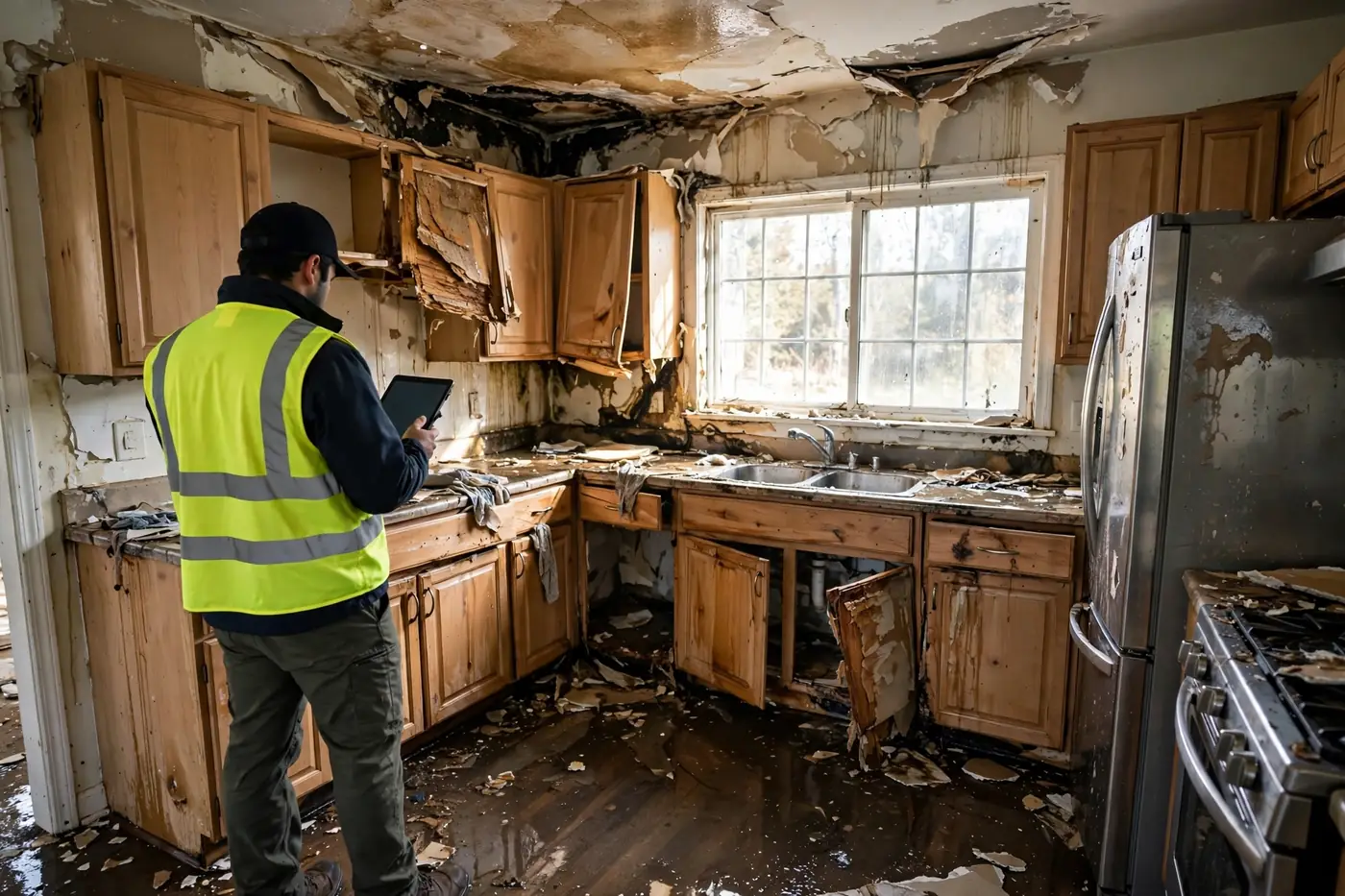 Adjuster inspecting water-damaged kitchen with tablet