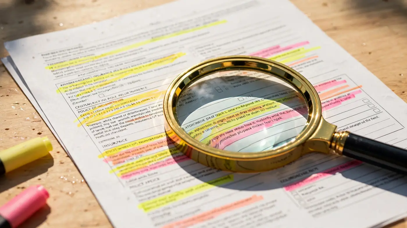 Magnifying glass over insurance policy with highlighter