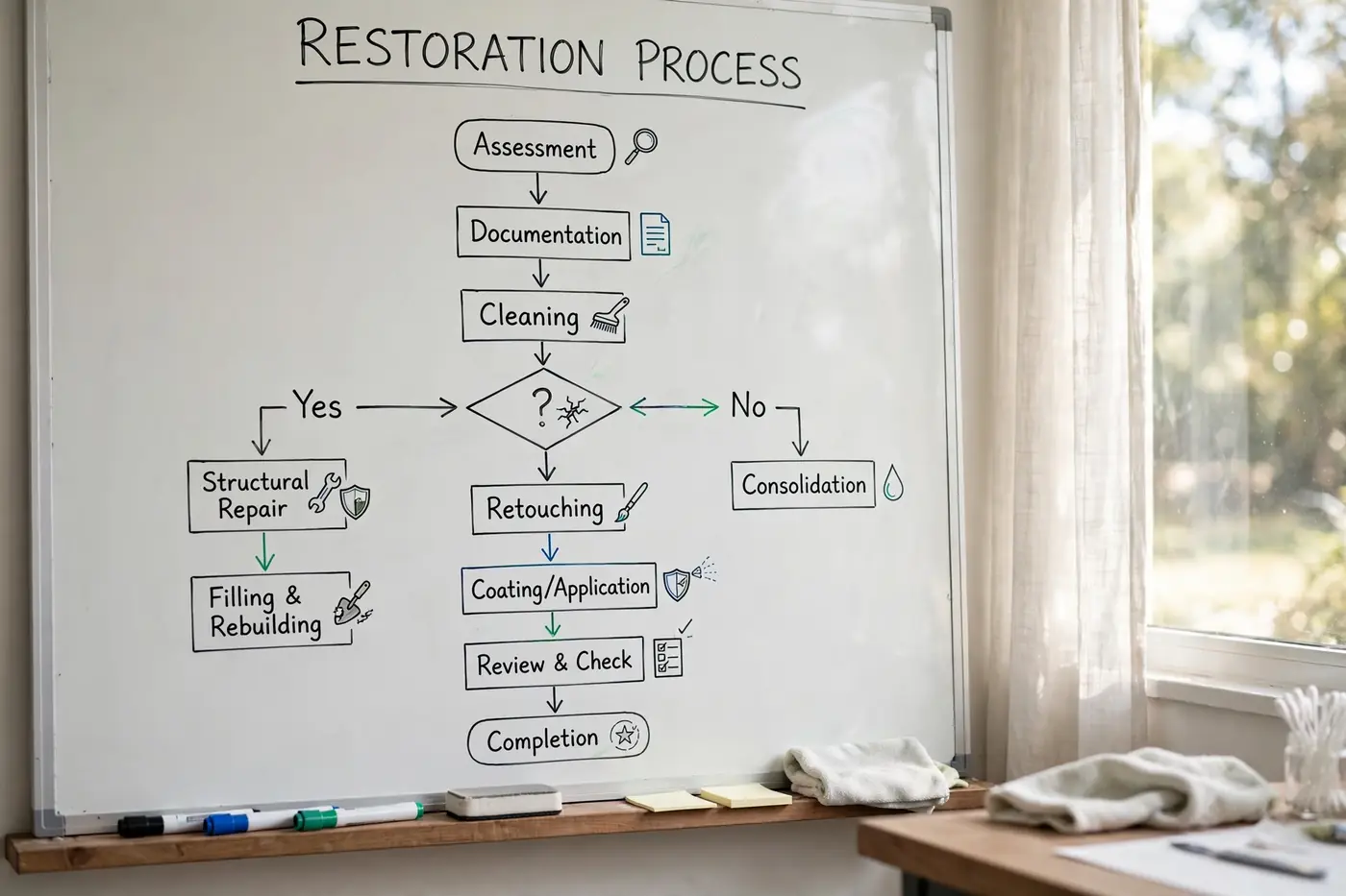 Whiteboard with restoration process flowchart