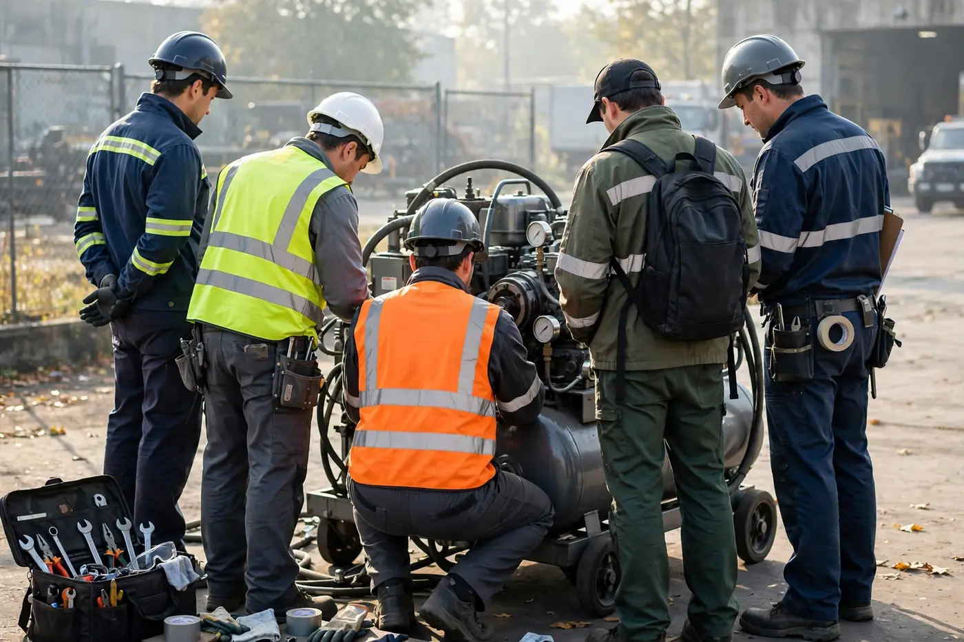 Technician team huddle around equipment before job
